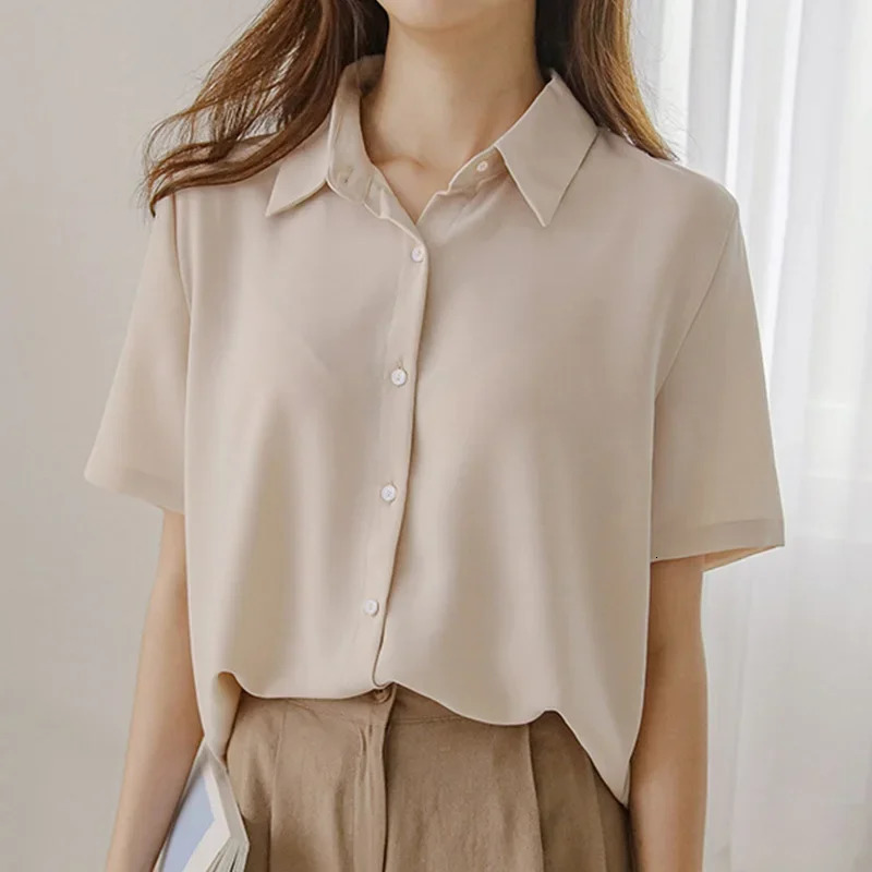 WomenS Korean Chiffon Fashion Cardigan Top Female Summer Loose Thin Trend Slim Versatile Short Sleeve Lapel Neck Shirt 250616