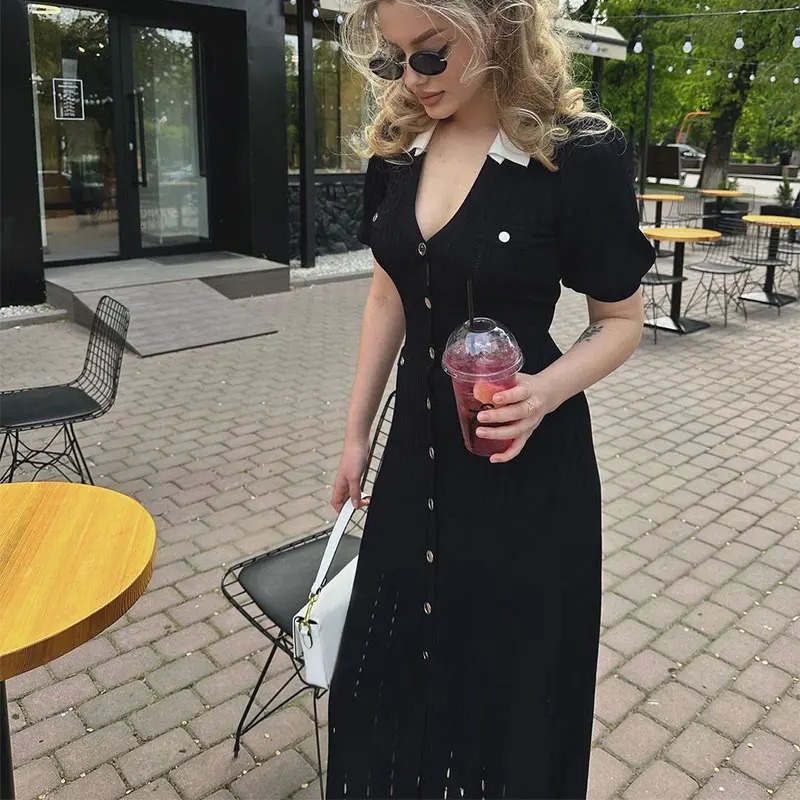 Contrast Single Breasted Knitted Dress For Women Elegant Lapel Short Sleeve Hollow Out Chic Dresses Female Red Black Vestidos 250614