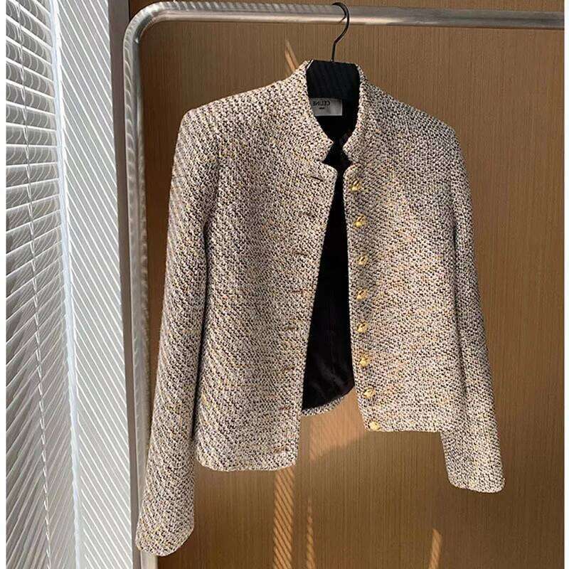 Korea Tweed Jacket Autumn New Women's Stand Collar Golden Buttons Elegant Coats Classic Weave Plaid Small Fragrance Blazer Q989