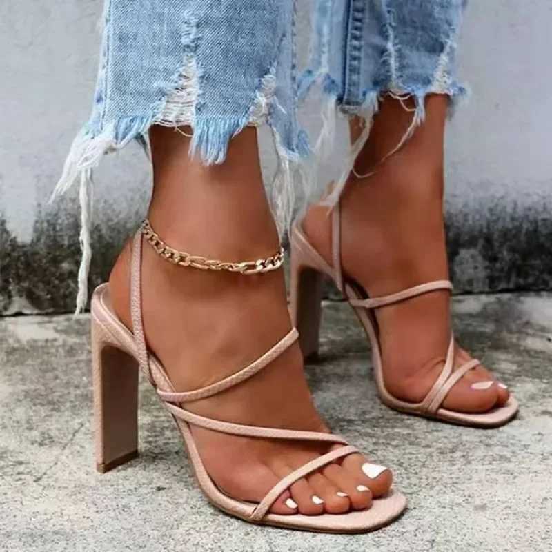 European American Trendy Thick Heel Sandals for Womens 2024 Summer New High Heel Design with Fine Strap Sandals Womens Shoes Z250617