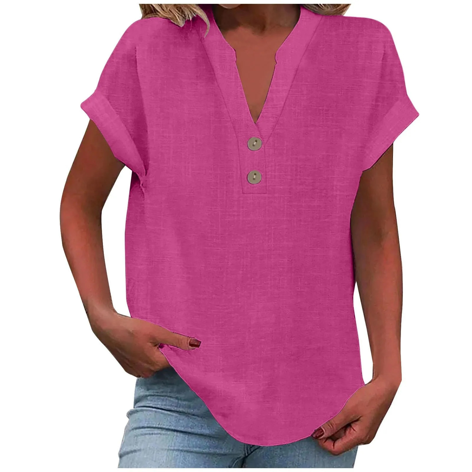 2025 Summer Cotton Linen Breathable Solid Color Button Down V-neck Shirt Basic And Versatile Casual Comfortable Lady Office Tops 250614