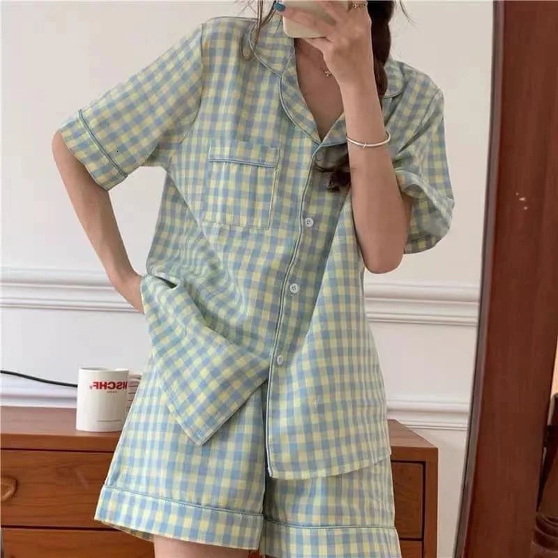 Pajamas Women Summer Cartoon Cute Bear Short Sleeve Nightwear Loungewear Set Ladies Cardigan Striped Plaid Short Sleepwear 250616