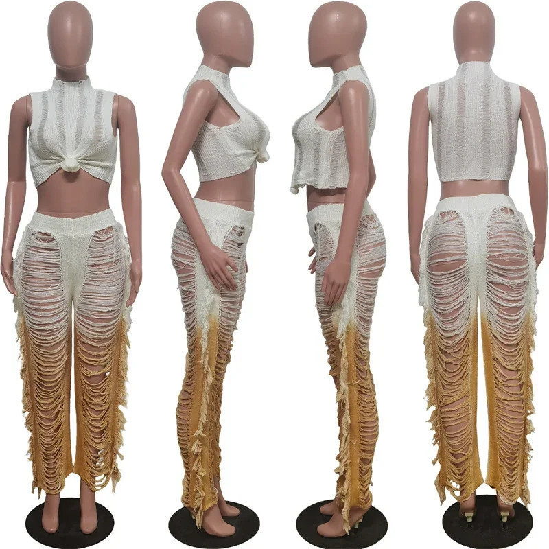 Gradient Color Crochet Two Piece Set for Women Summer Beach Crop Top and Wide Leg Pants Tassel Hollow Out Hole Vacation Outfits 250616