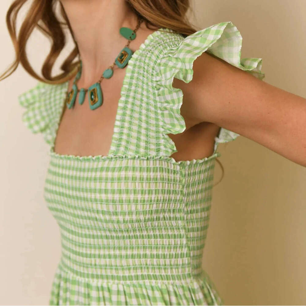 Fulllace Designer Dress Goth Vestidos De Noche Womandress 604 Summer New 2025 Green Plaid Pure Cotton A-line Square Neck Flutter Sleeve Long Dress Fre