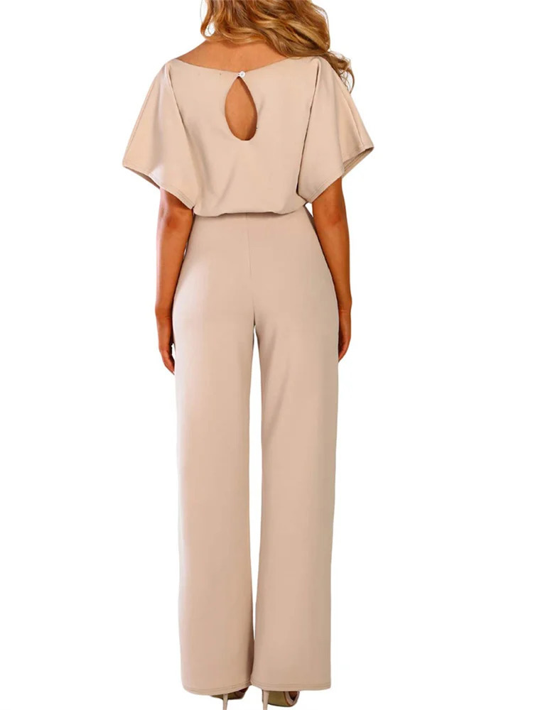 Women Jumpsuits Elegant Solid Color Flare Short Sleeve Waist Tie Wide Leg Pants Romper Summer Streetwear 250616