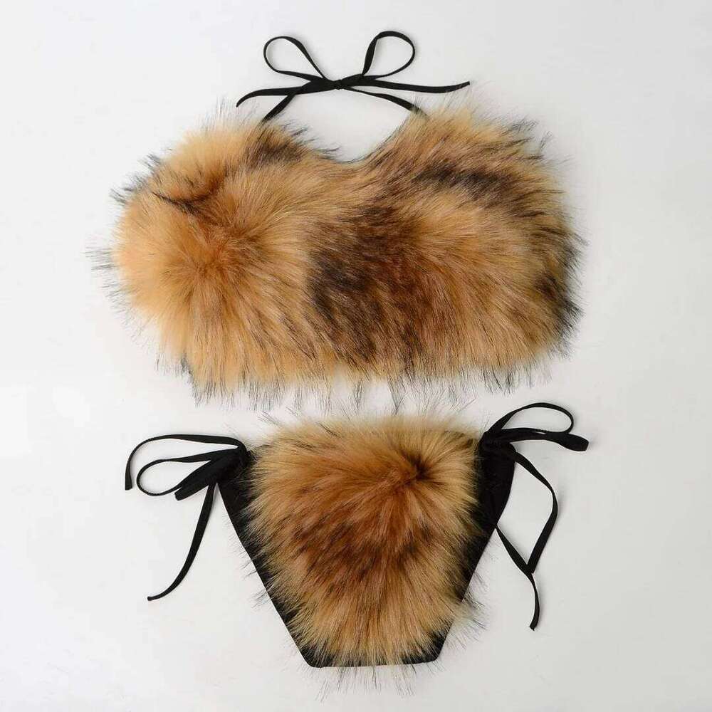 High Waist Swimsuit Sexy Thong Bikini Women Real Raccoon Fox Fur Two Piece Swimsuits Brazilian Bathing Suit
