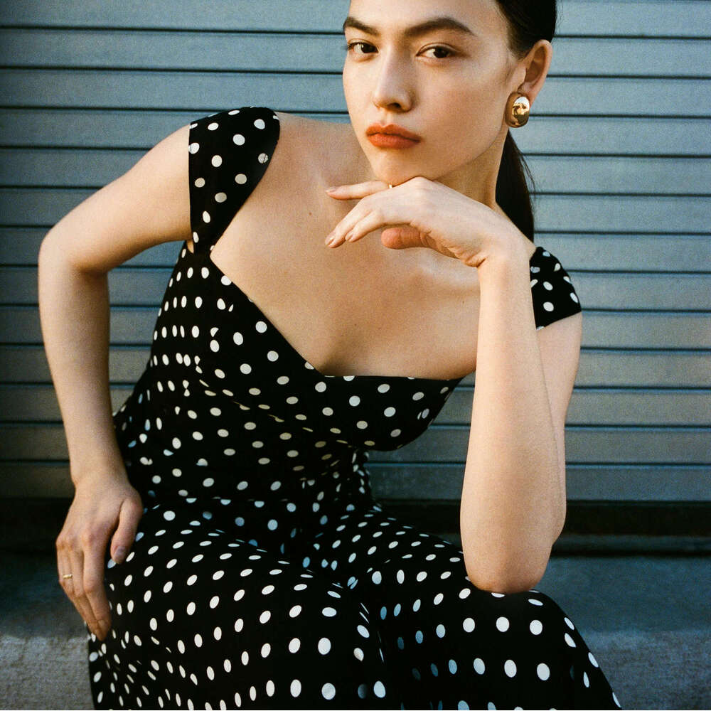 Long Dress Dresses for Woman Elegant Promdress N620 Summer 2025 Printed Polka Dot Square Neck Small Flutter Sleeve Dress Slim Fit Mid-length French St