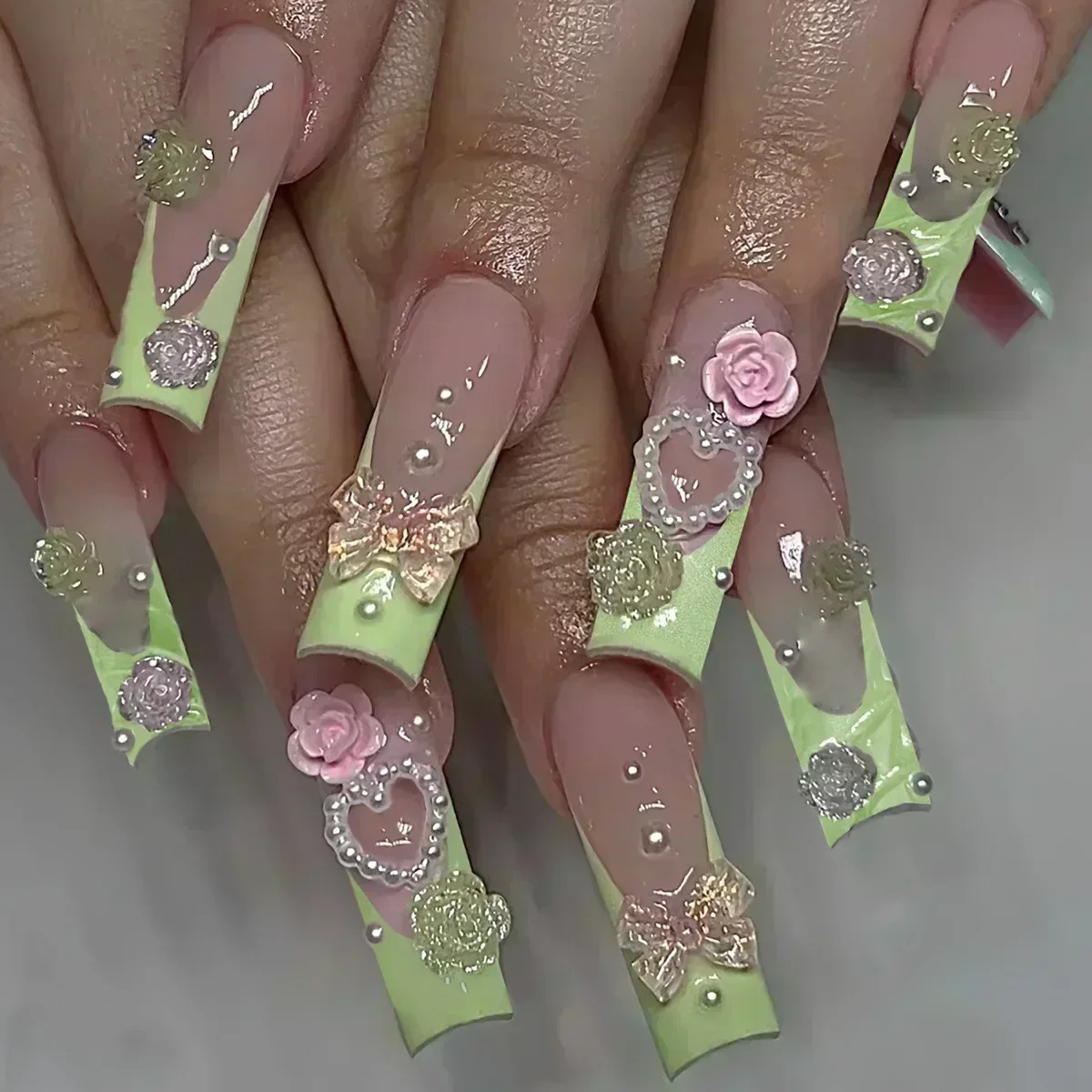 24Pcs Long Square Press on Nails Love Pattern n Artifical Coffin False Nail Brown French Wearable Full Cover Fake Nail Tips 250611