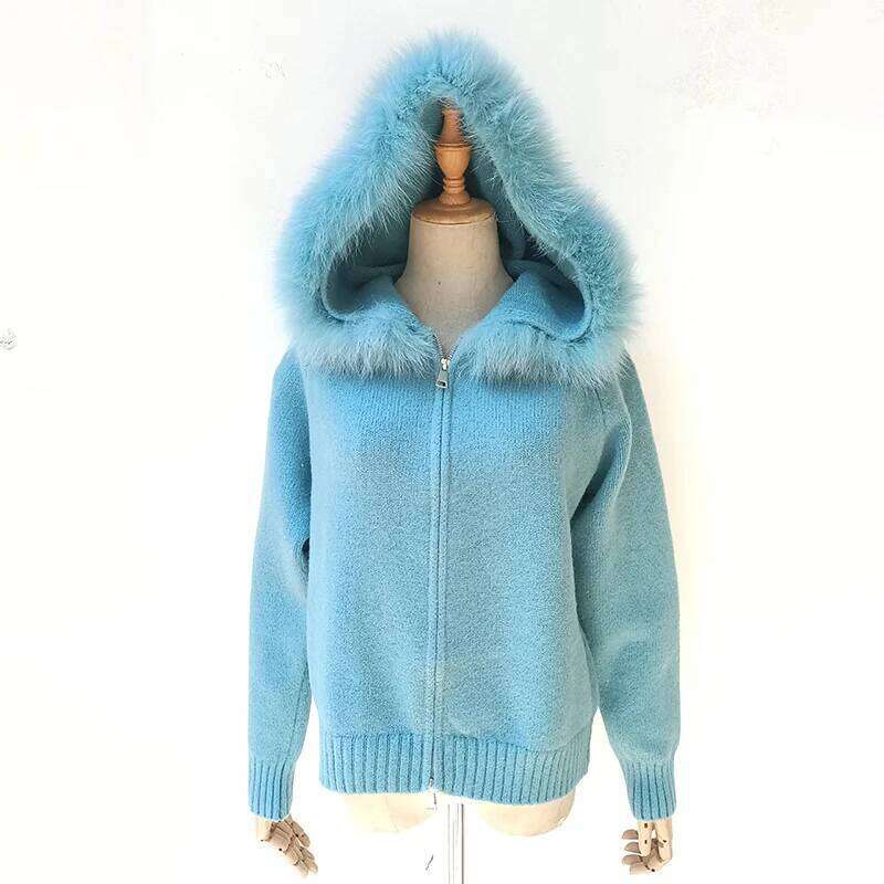 2025 Women Spring Knitted Hooded Cardigans Real Fox Fur Stripe Long Sleeve Warm Cardigan Sweater With Zipper