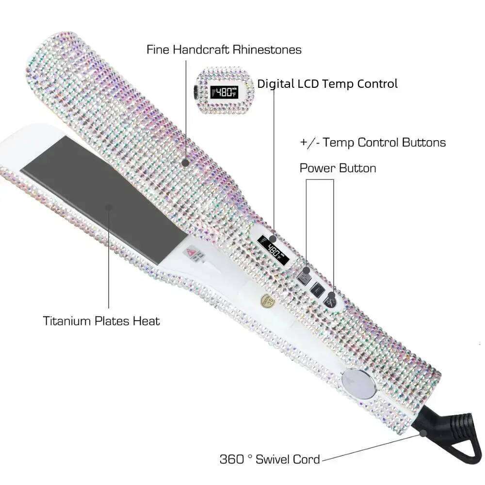 Rhinestone Flat Titanium Straightener Dual Voltage Iron Professional Hair Tools LCD Display 2 Inch Plate Irons