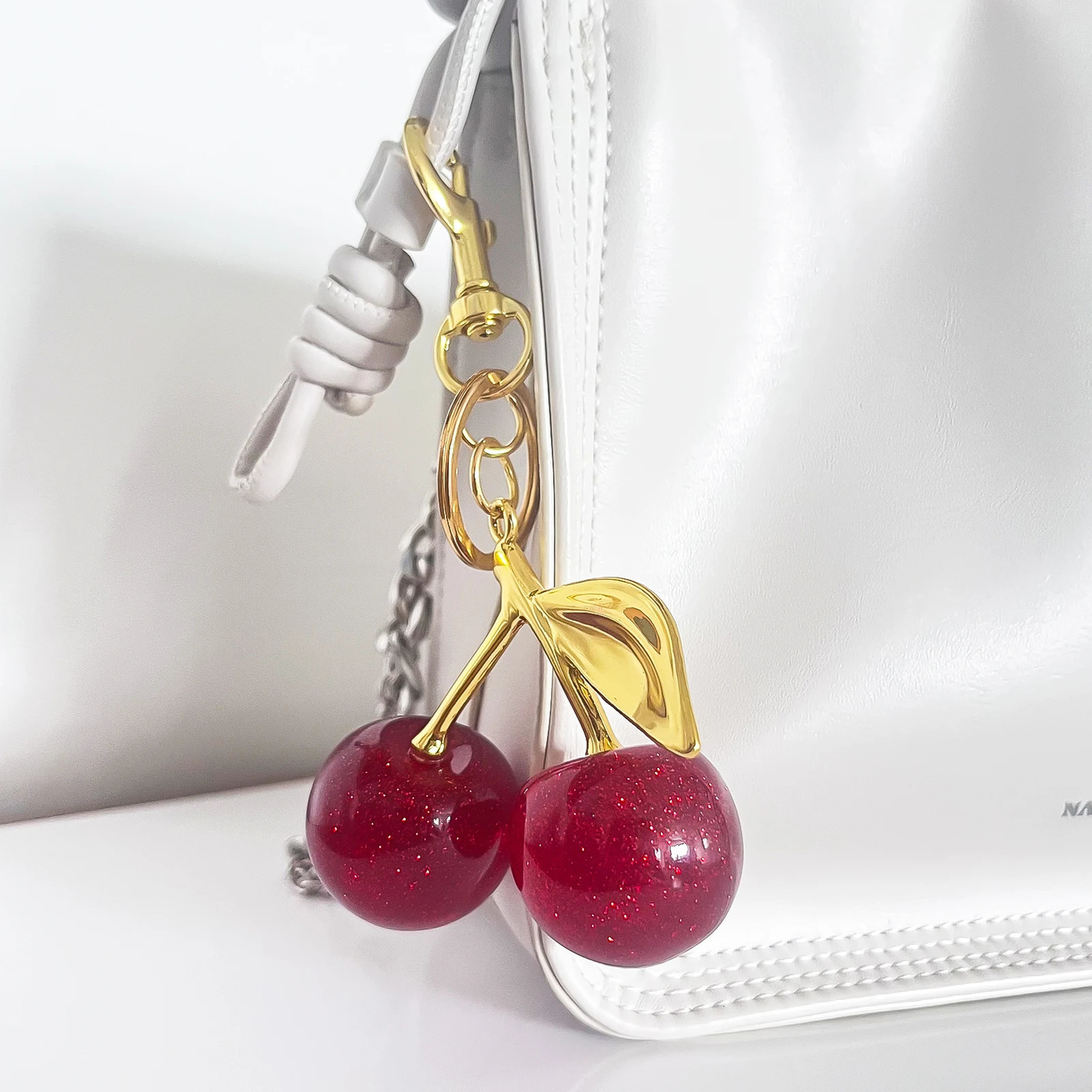 Delicious Exquisite Cherry Crystal Fruit Bag Charm Keychain Pink Keyring for Elegant Women Jewelry Accessories Gift 250606