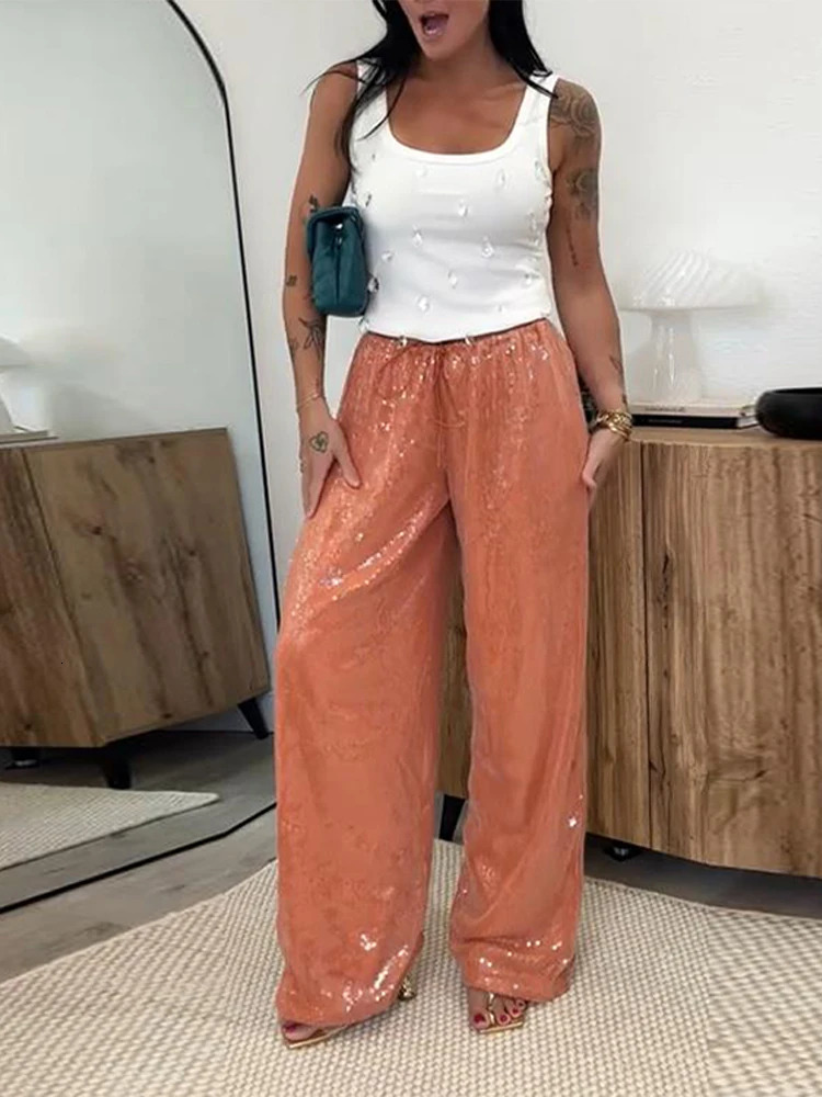 Fashion Sequined Pants Women Solid Loose Drawstring Wide Straight Party Club Trousers 2025 Spring Summer Chic Streetwears Lady 250616