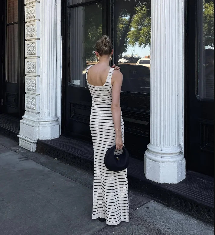 Striped vest color contrast European and American wind beach vacation sexy long skirt knitted pit strip long dress summer girl 250616