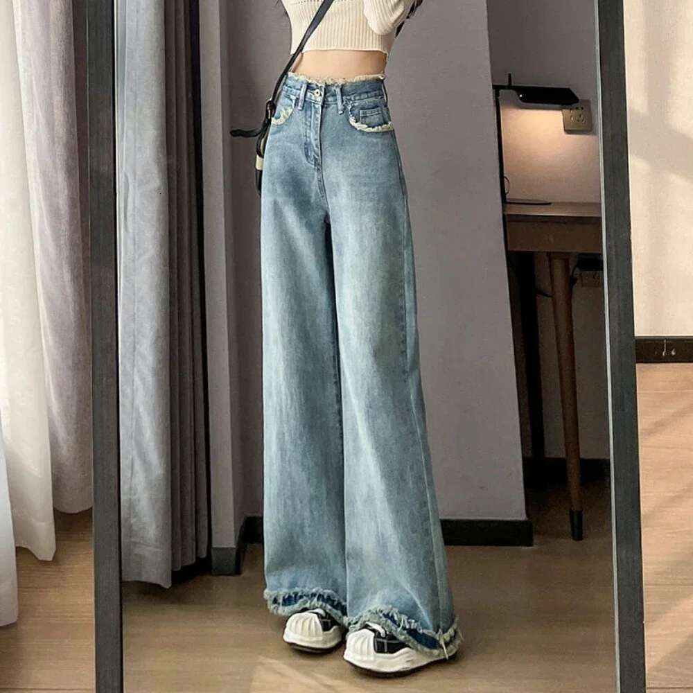 White Trousers High Waist Shot Blue With Pockets Pants For Woman Straight Leg Womens Jeans Medium Trend Unique Basics Fitted Z