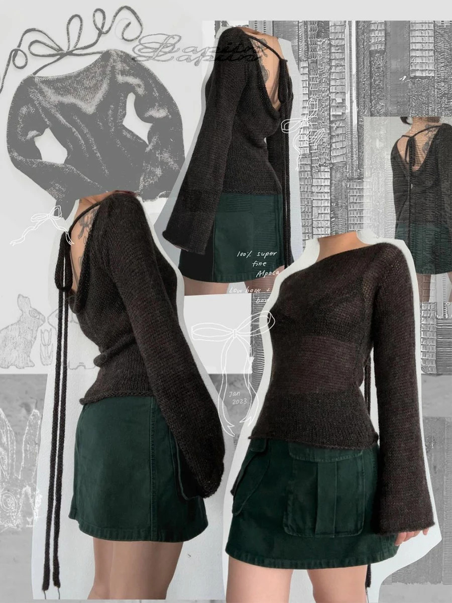 Retro Backless Tie Back Sweaters Knitted Sweater Women Bandage Jumpers Autumn Outfits Streetwear 250614