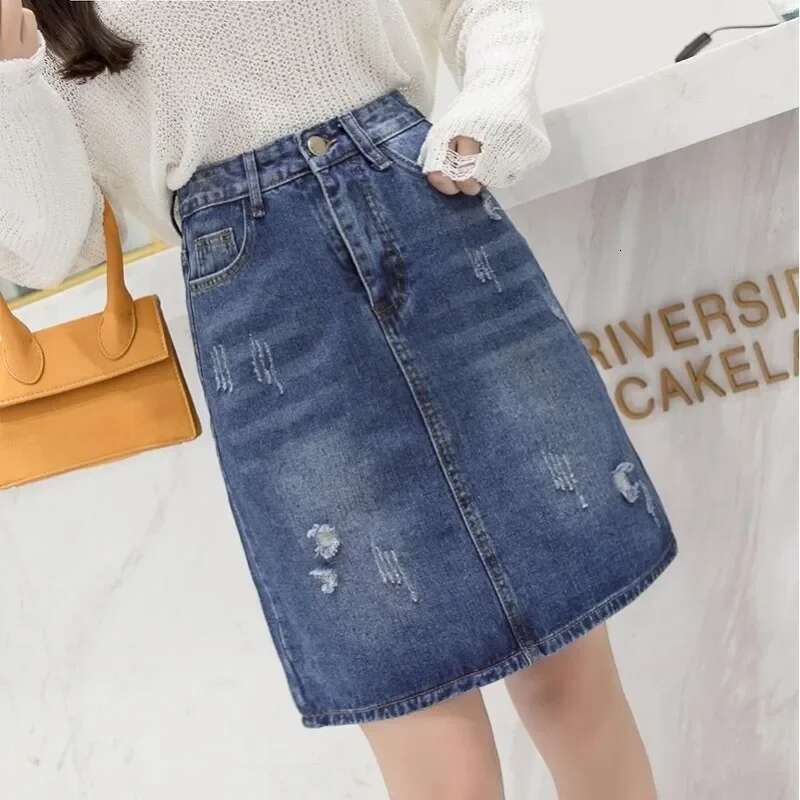 Womens Denim Skirt Zipper Blue with Pocket To Knees Length Chubby Ripped Midi Female Jeans Skirts New in Streetwear Aesthetic V