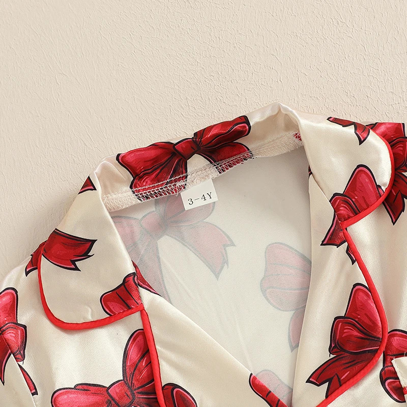 Toddler Kids Baby Girls Summer Pajamas Sets Bow Print Button Turn-down Collar Short Sleeve Shirts Shorts Loungewear Outfits 250617