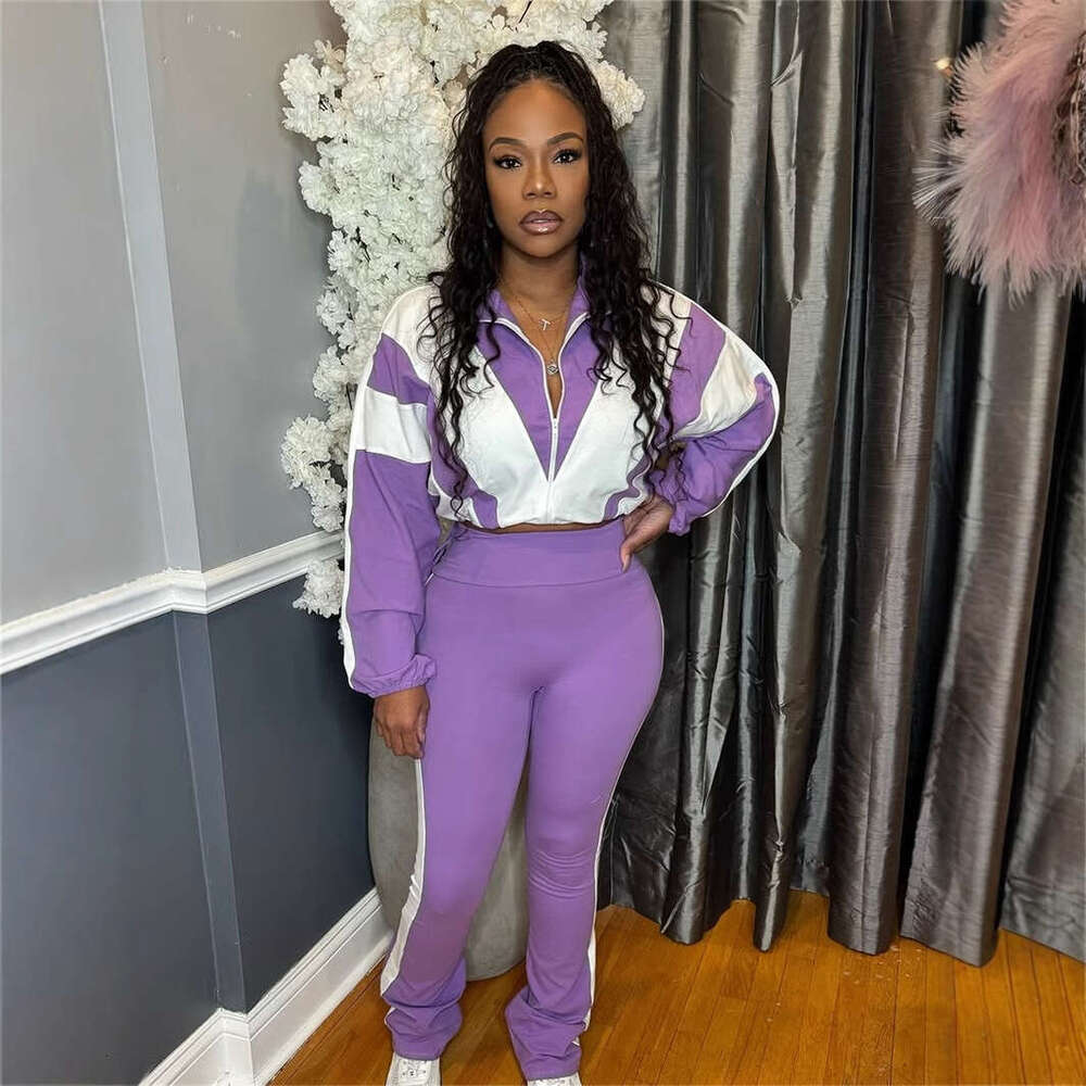 Loose Casual Street Fashion Color-Block Zipper Jacket And Pants Sports Set For Women B5