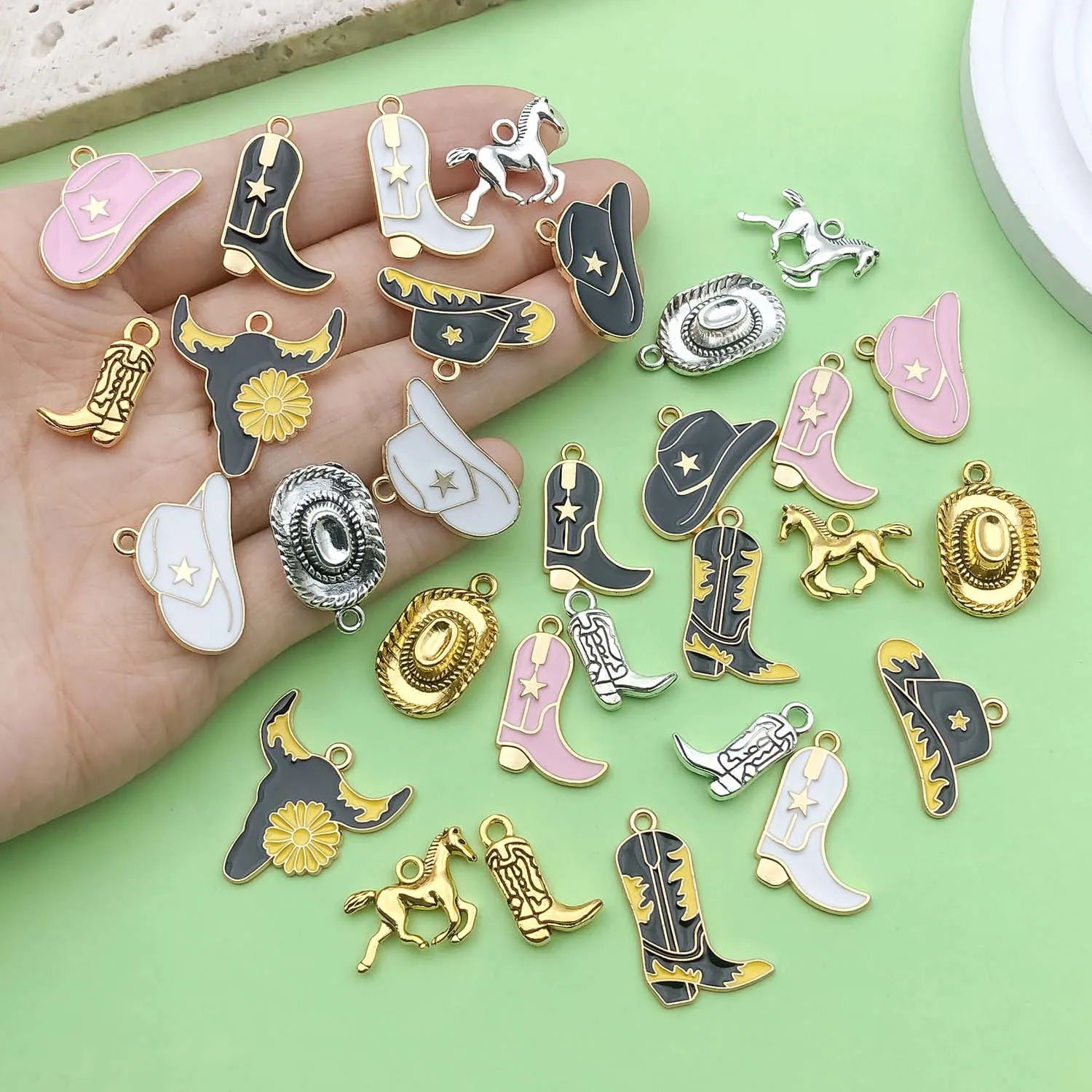 30pcs Western Cowboy Charms Alloy Western Horse Cowboy Hat Cowboy Boots Bull Head Pendants for DIY Jewelry Making Accessories 250609