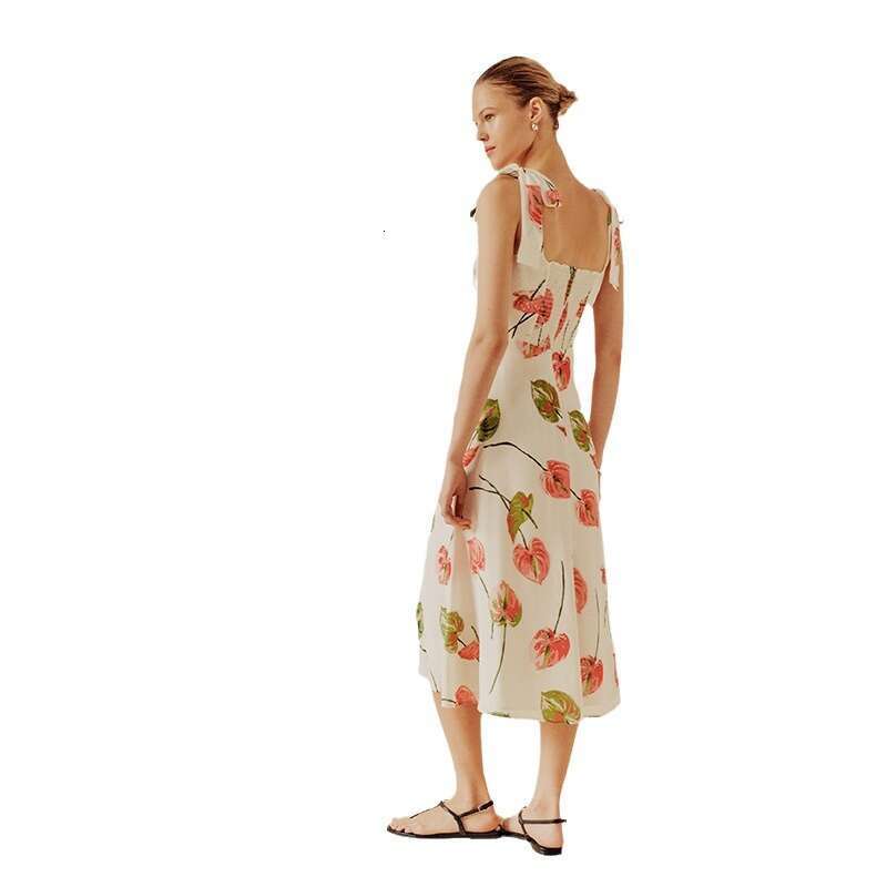 Summer Dresses for Women Women Designer Clothing 757 Summer New 2025 Printed Tie Artificial Silk Mid-length Split Square Neck Strap Dress French Style
