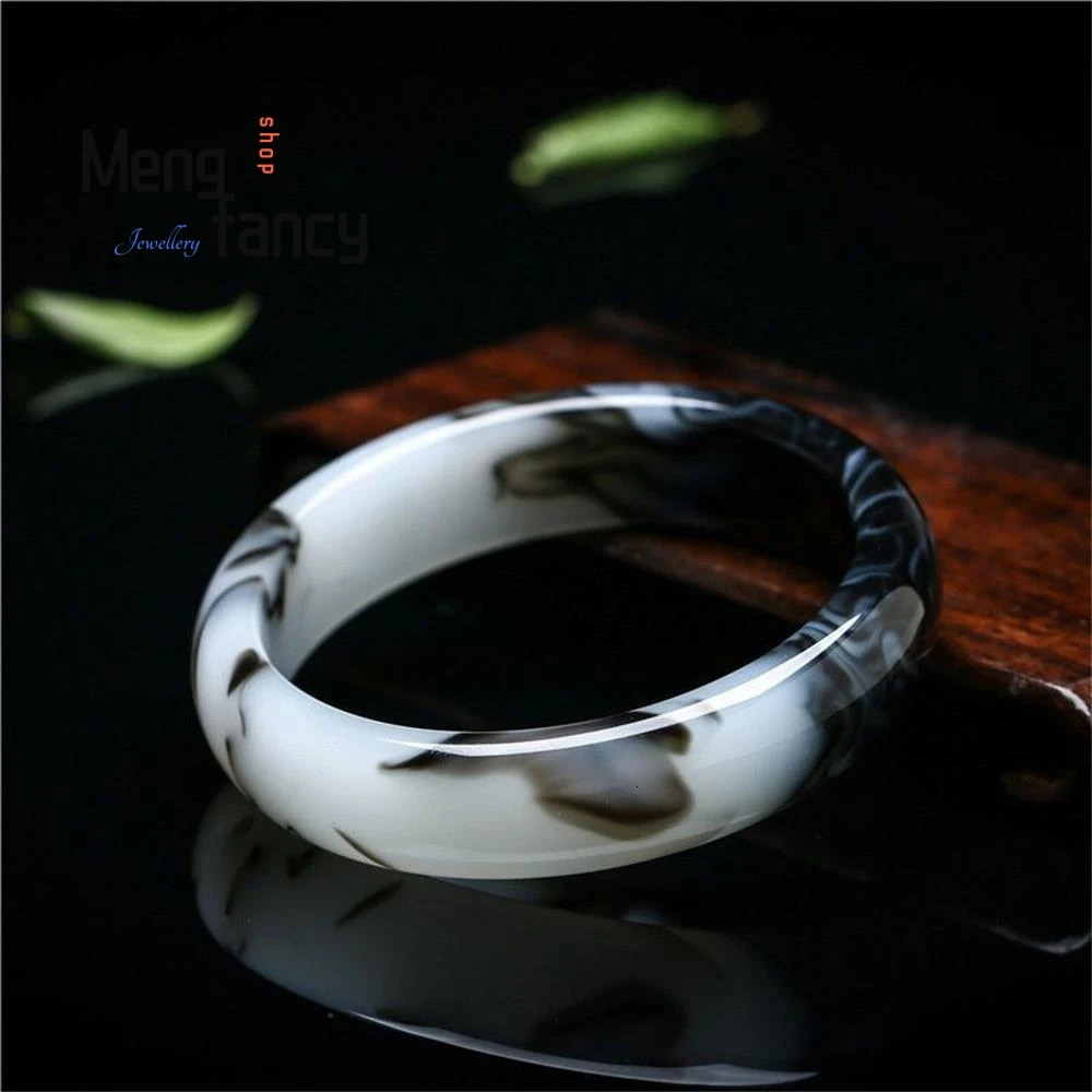 Natural Hetian Jade Bracelet Black White Flowers Charm Fashion Retro Fine Jewelry Elegant Girl Couple Bangle Holiday Gift 250616