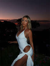 New Fashion Solid Color Slim Fit Sexy Deep V Tie Backless Split Long Strap Dress For Women B5