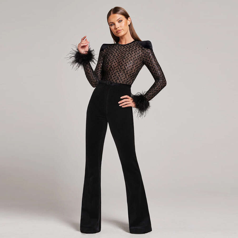 Spring New Fashion Sexy Lace Sequin Feather Bandage Jumpsuit for Women