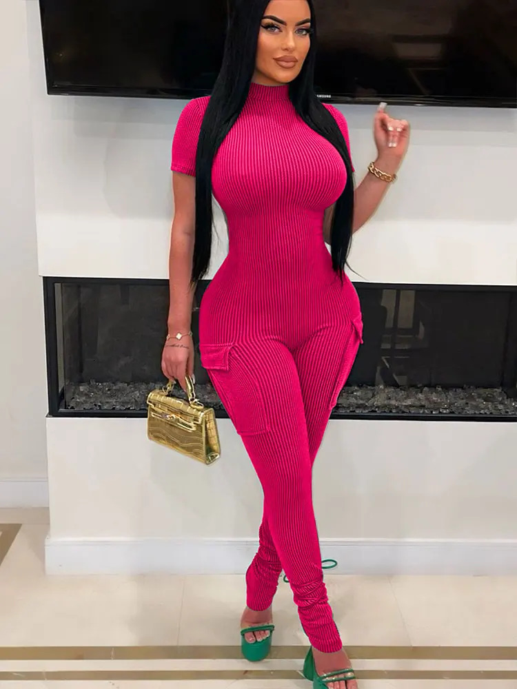 Womens Jumpsuits Sexy Sweet Pink Hollow Out Jumpsuit Streetwear Fashion Pockets Short Sleeve Lady Elegant Rompers Clothing 250616