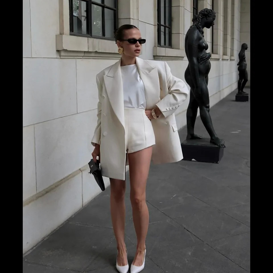 Chic White Short Pant Double Breasted Women Pants Set Female Two PiecesBlazerTrousers conjuntos femininos elegantes 250612