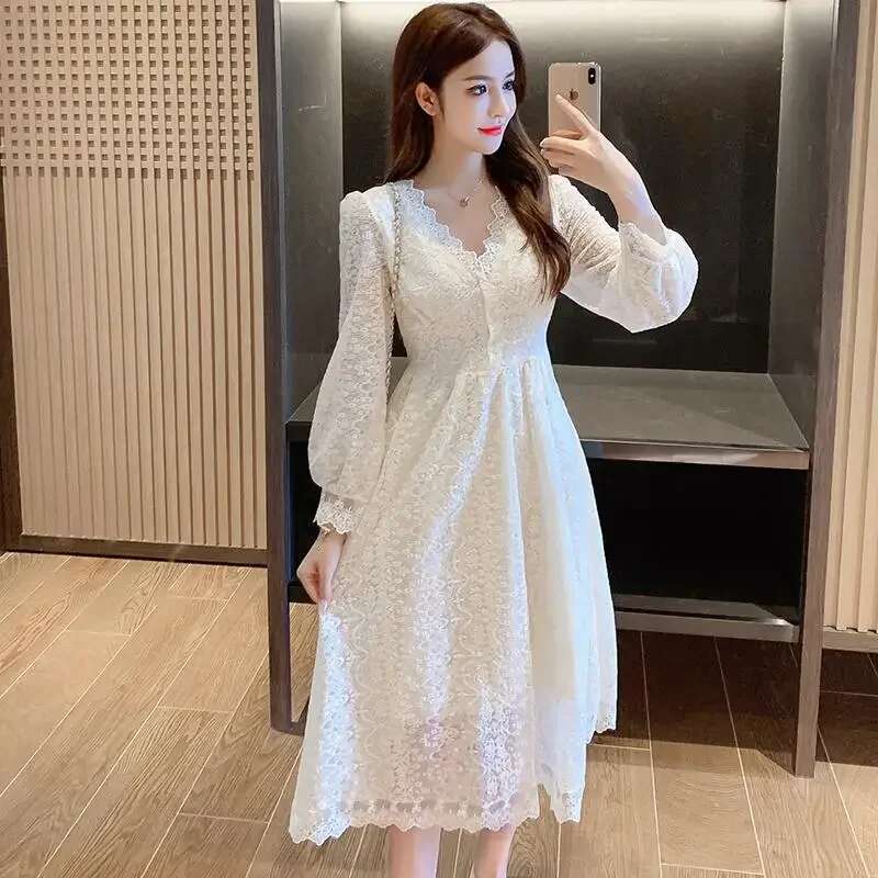 Hollow Womens Long Sleeve Dresses Midi Spring Autumn 2025 Chic and Elegant Female Dress Pretty A Line One-piece Casual Youth X