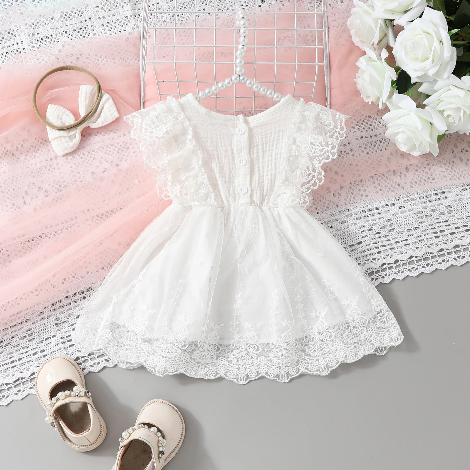 Infant Baby Girl Cotton Linen Baptism Dress with Headband Summer Birthday Party Short Sleeve Lace Flower Embroidery A-Line Dress 250617
