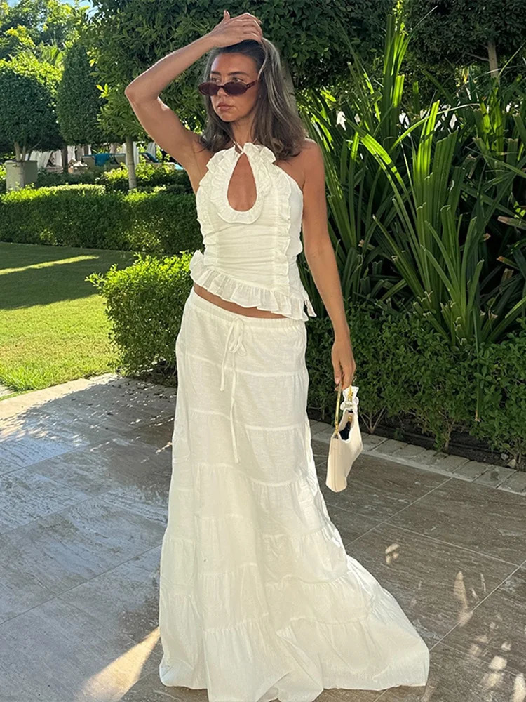 Elegant Ruffle Hollow Out Top Skirt Womans Set Vintage Sleeveless Halter Slim Tops High Waist Skirts Sets Female Beach Outfits 250616