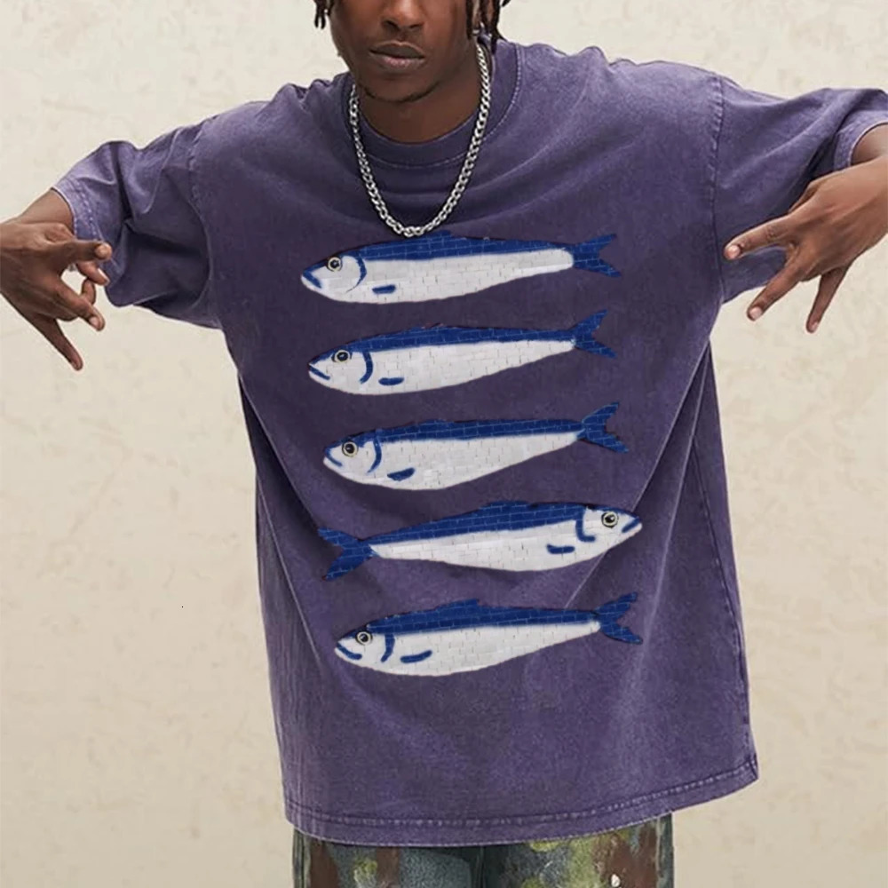 Gojo Cartoon Salted Fish Print Womens Loose T-Shirt Oversized Wash Short Sleeve Summer Fashion Casual Top 250614