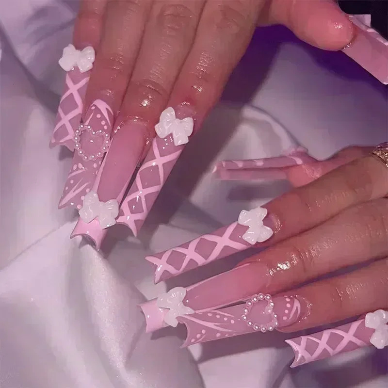 24Pcs Long Square Press on Nails Love Pattern n Artifical Coffin False Nail Brown French Wearable Full Cover Fake Nail Tips 250611