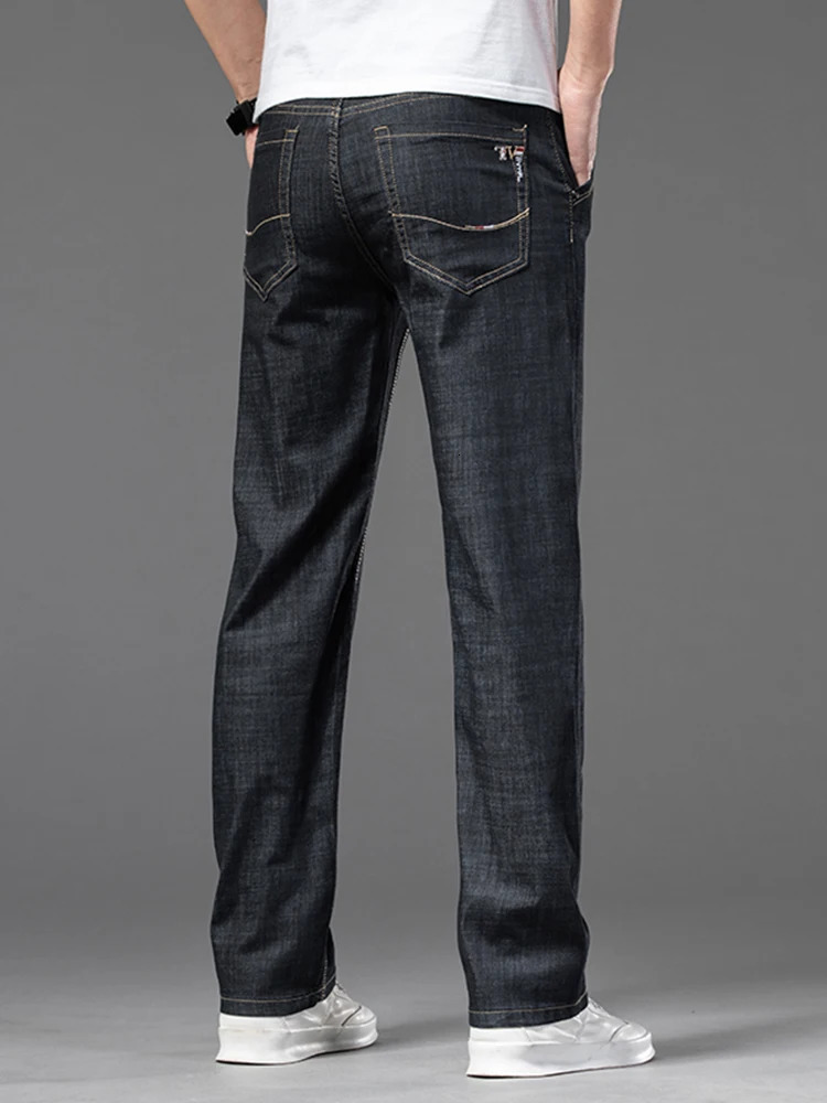 Summer Thin Mens Straight Jeans Classic Black Blue Stretch Casual Business Baggy Denim Pants Male Trousers 250616