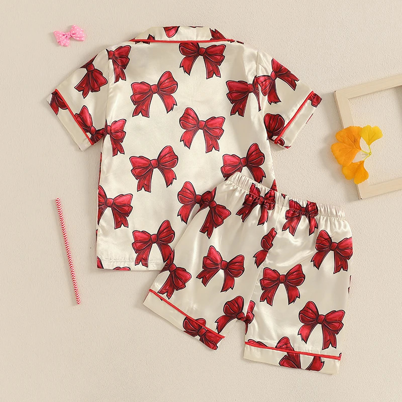 Toddler Kids Baby Girls Summer Pajamas Sets Bow Print Button Turn-down Collar Short Sleeve Shirts Shorts Loungewear Outfits 250617