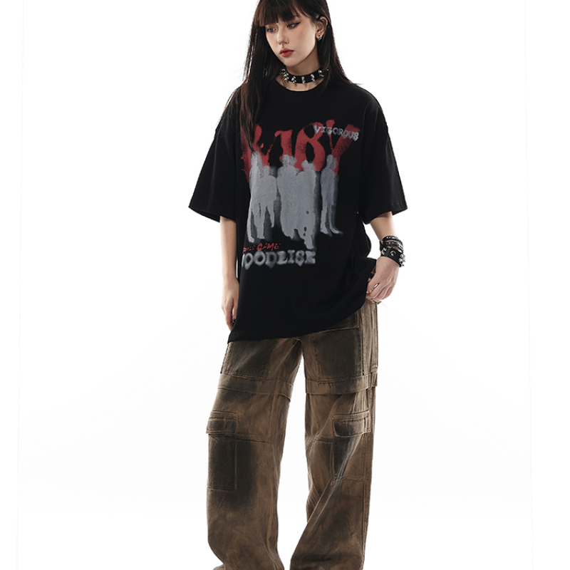 Vintage American Style Cotton Short Sleeve T-Shirt for Women Breathable Casual Summer Streetwear Couples Hip Hop Top Trendy Loose Fit