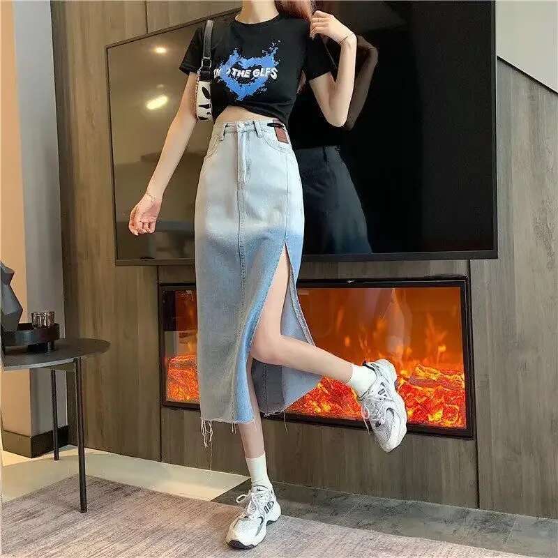 High Waist Jeans Skirts for Women With Slit Vintage A Line Aesthetic Clothing Sales Modest Korean Fashion Y2k Woman Denim Skirt