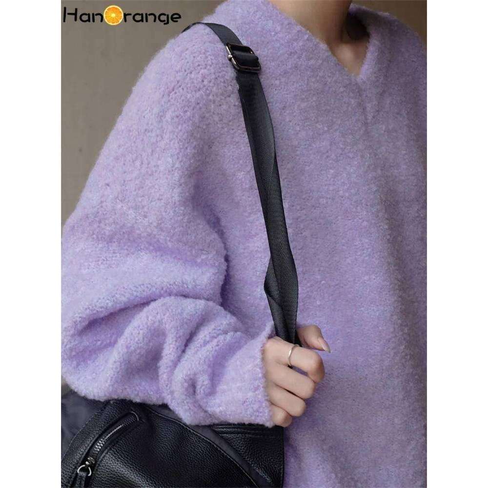 HanOrange 2024 Winter Lazy Sweater Women V-neck Loop Yarn Loose Silhouette Soft Warm Top Female Purple/Coffee