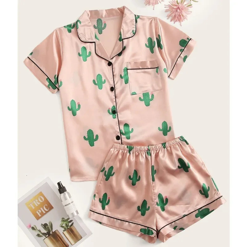 Womens Pajama Two Piece Set Summer Leopard Print Short Sleeve Top Shorts Sleepwear For Women Home Casual Satin Pajama Set 250616