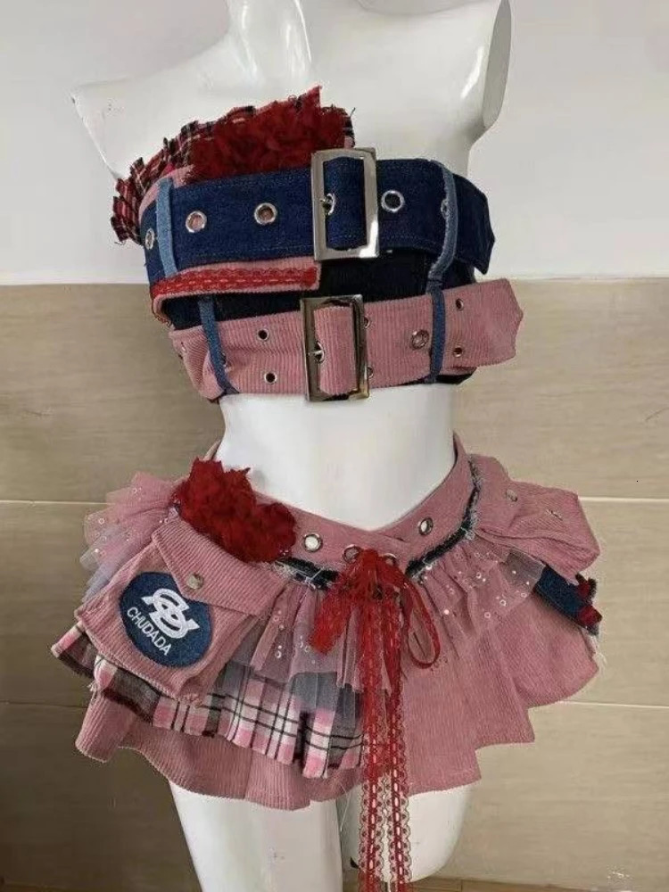 Sweet and Cool Maillard Retro Old Spice Girl Style Splicing Lace Denim Neck Top Irregular Short Skirt Two-piece Set for Women 250614