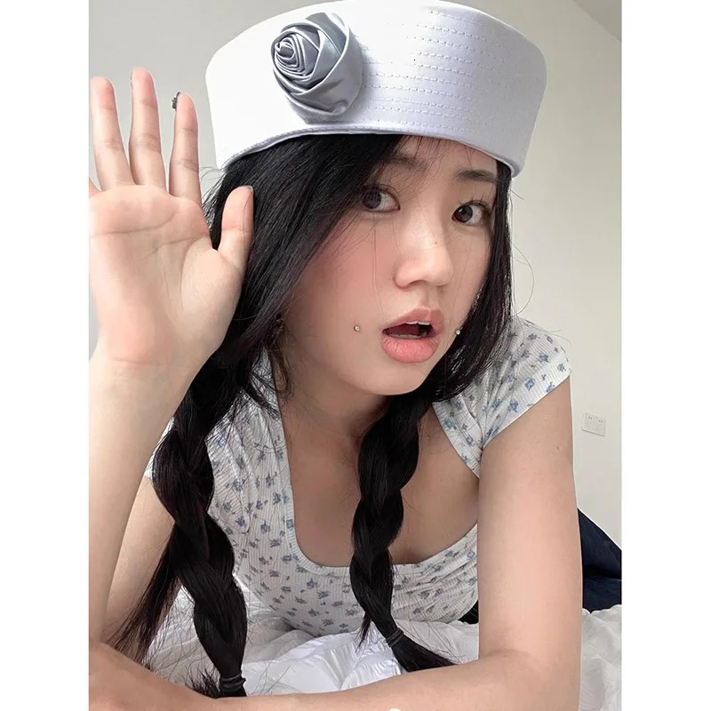 Japanese Rose Sweet and Cute Sailor Hat Spring and Summer Niche Simple Trend Flipped Brim Retro Versatile Solid Color Beret Cap 250604