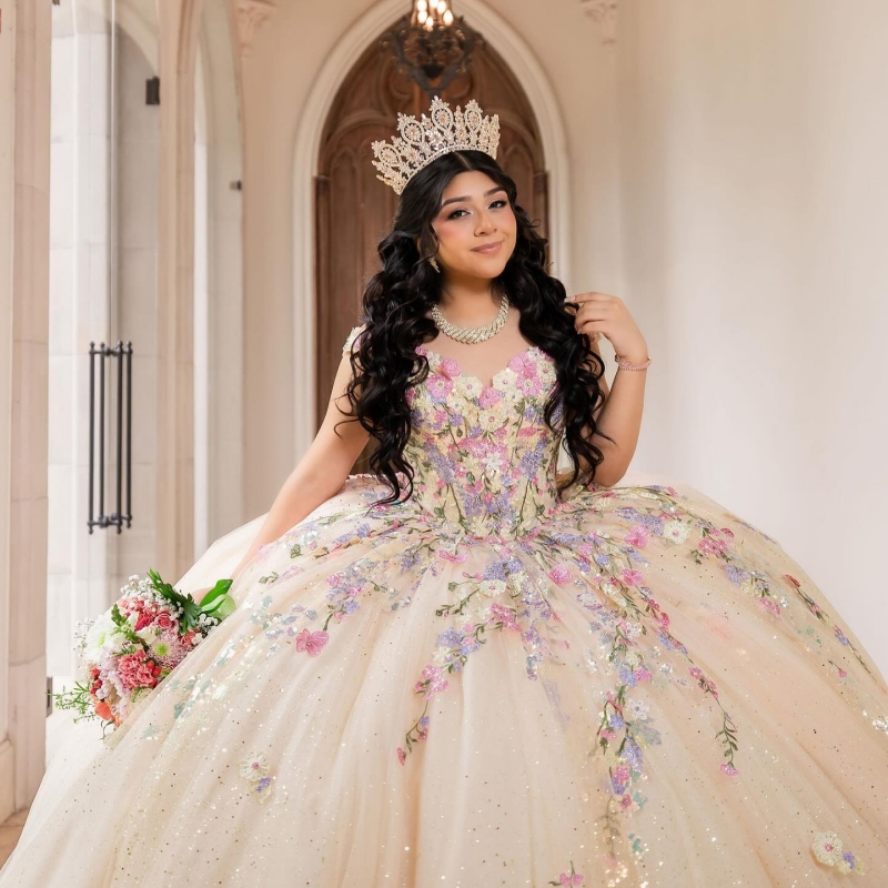 Champagne Quinceanera Dresses Ball Gown Off The Shoulder Applique Lace Beading Tull Sweet 16 Dress Vestidos 15 De Anos