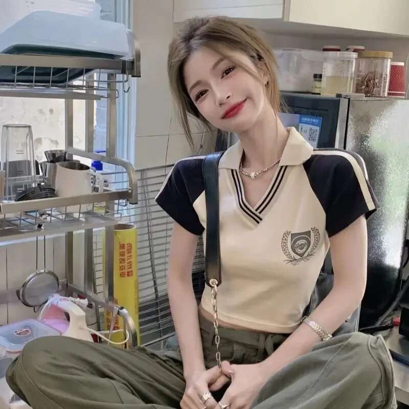 Female Tee Womens Polo Slim Graphic Short Sleeve T-shirt Youth Clothing Sales Y2k Fashion Original Basic New Korean T-shirts