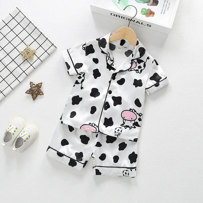 Kids Ice Silk Pajama Set Summer Baby Boys Girls Silk Satin Cardigan Short SleeveShorts 2Pcs Sets Children Casual Home Sleepwear 250617