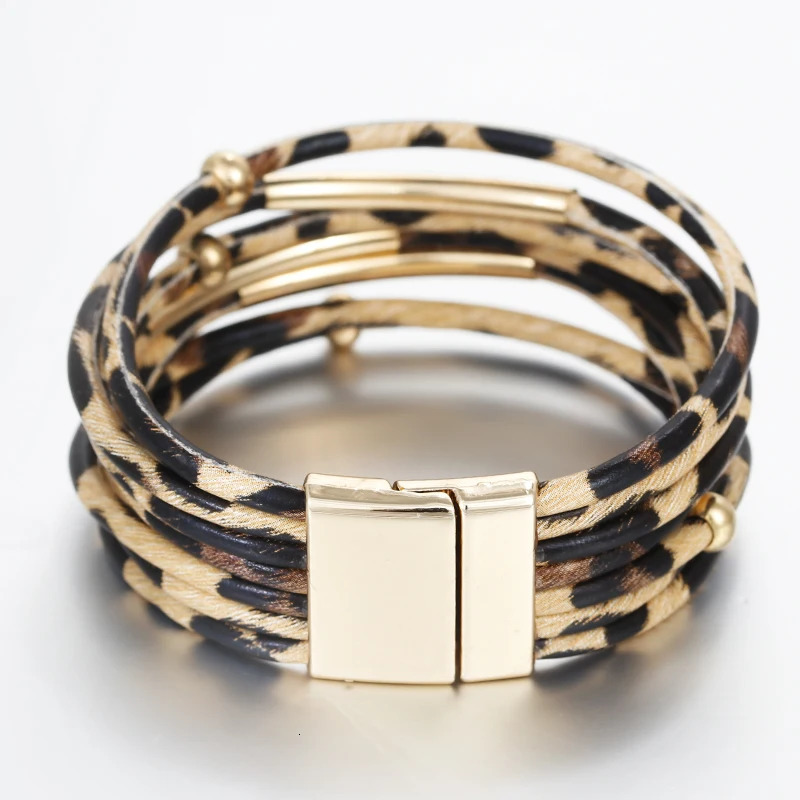 ALLYES Leopard Leather Bracelet Jewelry Fashion Women Metal Tube Ladies Wide Boho Multilayer Wrap Bracelets Bangles 250616
