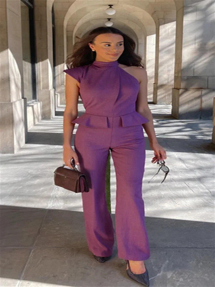 Womens Jumpsuit Solid Halter Waist Cinching Sleeveless Pockets Wide Leg Bodysuit Lady One Piece Summer Lady Streetwears 250616