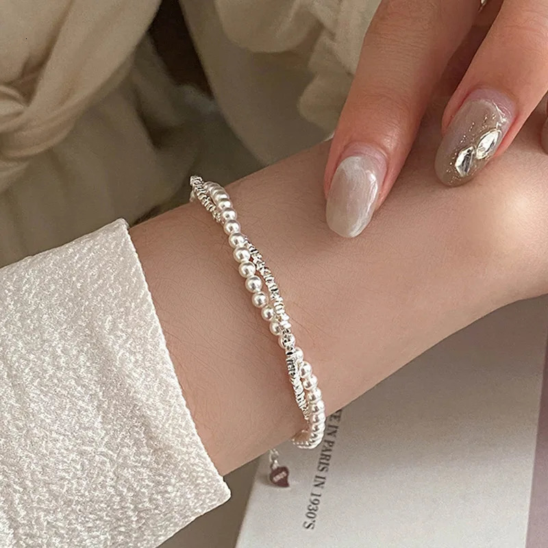 925 Sterling Silver Bracelet Double Layer Pearl Bracelet for Women Girl Vintage Bead Korean Jewelry Charm Bracelet 250616