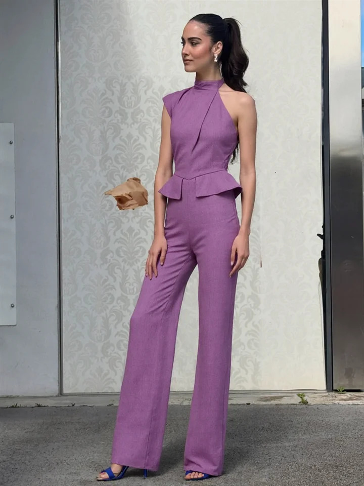 Womens Jumpsuit Solid Halter Waist Cinching Sleeveless Pockets Wide Leg Bodysuit Lady One Piece Summer Lady Streetwears 250616
