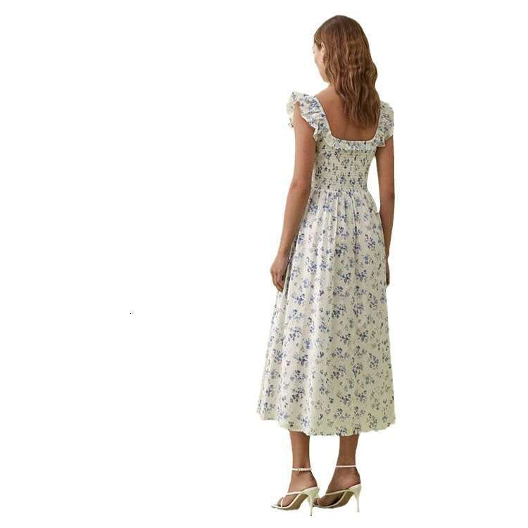 Undefined Dresses for Woman Elegant Calf N668 Summer 2025 Floral Square Neck Stretch Slim Fit Pure Cotton Small Flutter Sleeve Mid-length Dress for Wo